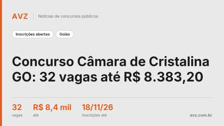 Concurso Câmara de Cristalina GO: 32 vagas até R$ 8.383,20