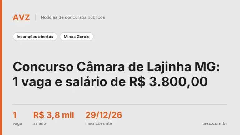 Concurso Câmara de Lajinha MG: 1 vaga e salário de R$ 3.800,00
