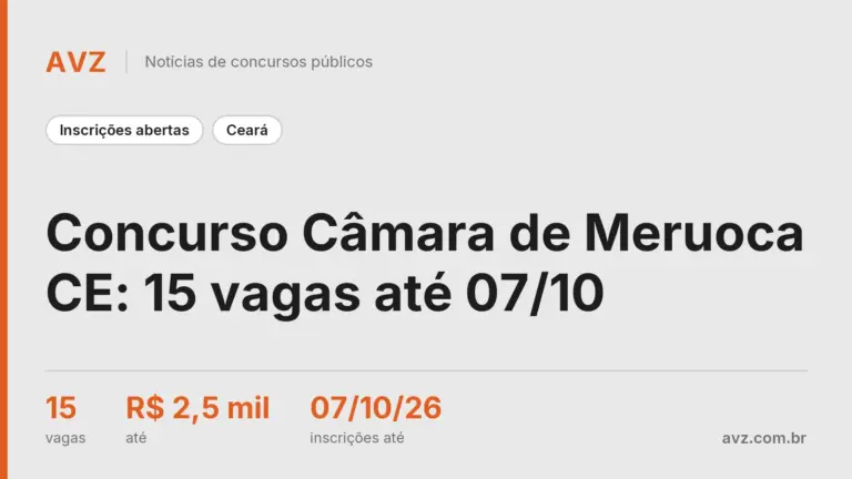 Concurso Câmara de Meruoca CE: 15 vagas até 07/10