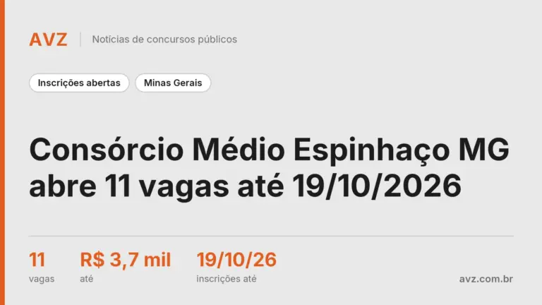 Consórcio Médio Espinhaço MG abre 11 vagas até 19/10/2026