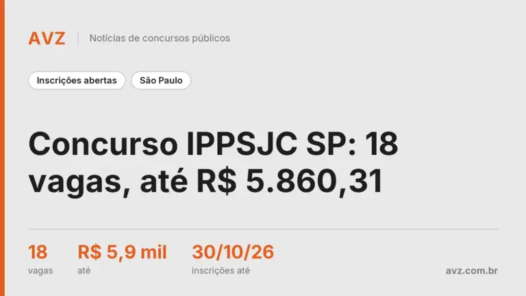 Concurso IPPSJC SP: 18 vagas, até R$ 5.860,31