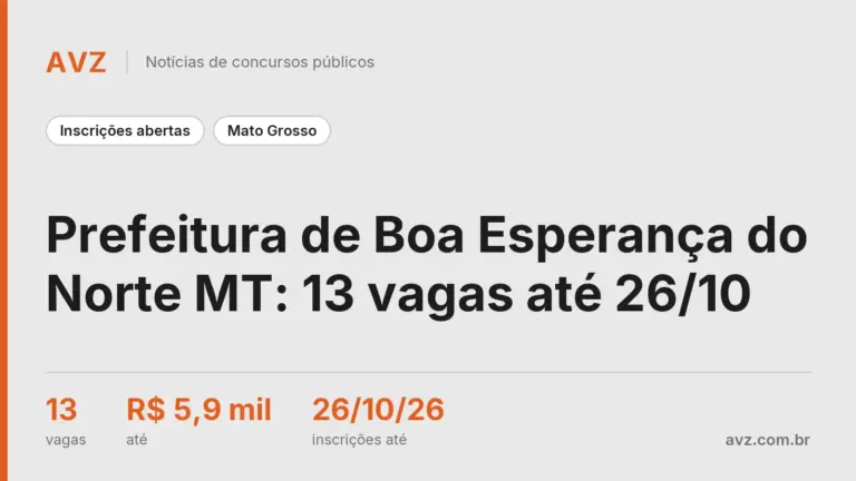Prefeitura de Boa Esperança do Norte MT: 13 vagas até 26/10