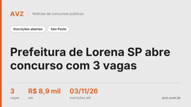 Prefeitura de Lorena SP abre concurso com 3 vagas
