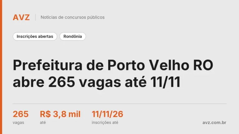 Prefeitura de Porto Velho RO abre 265 vagas até 11/11