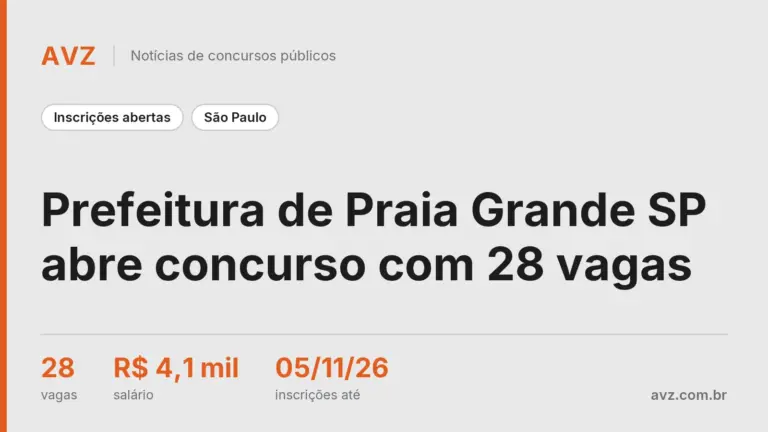 Prefeitura de Praia Grande SP abre concurso com 28 vagas