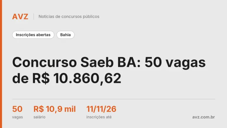 Concurso Saeb BA: 50 vagas de R$ 10.860,62