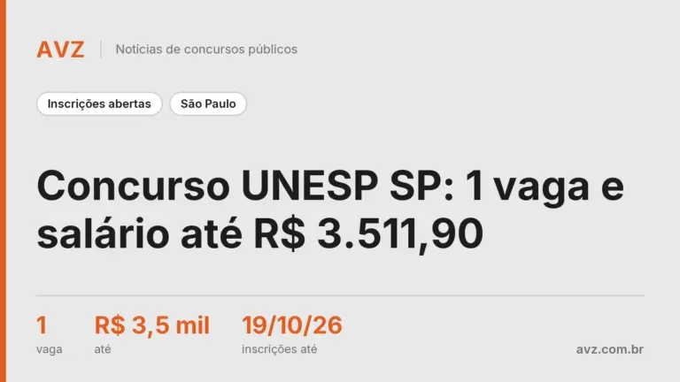 Concurso UNESP SP: 1 vaga e salário até R$ 3.511,90