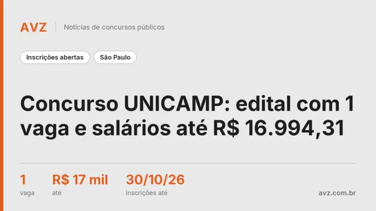 Concurso UNICAMP: edital com 1 vaga e salários até R$ 16.994,31